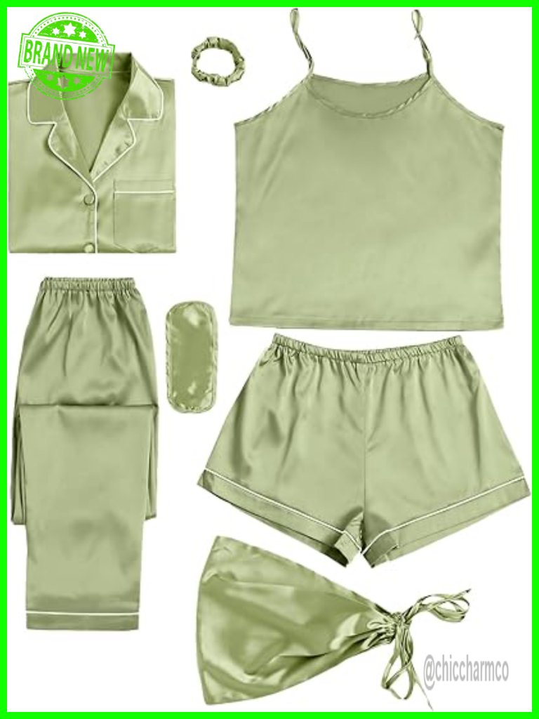 Satin Pajama Set - 7 Pieces Silky Sleepwear With Cami, Shorts, Long Sleeve